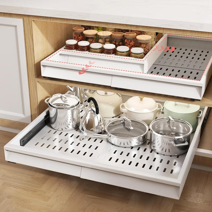 Seinloes Pull Out Cabinet Organizer, 4-Side Expandable to Fit Most Cabinets, 3 Rail Slide Out Drawers with Raising Pad for Framed & Frameless Cabinets, 13"-21" W x 17"-24" D, White, 2 Pack