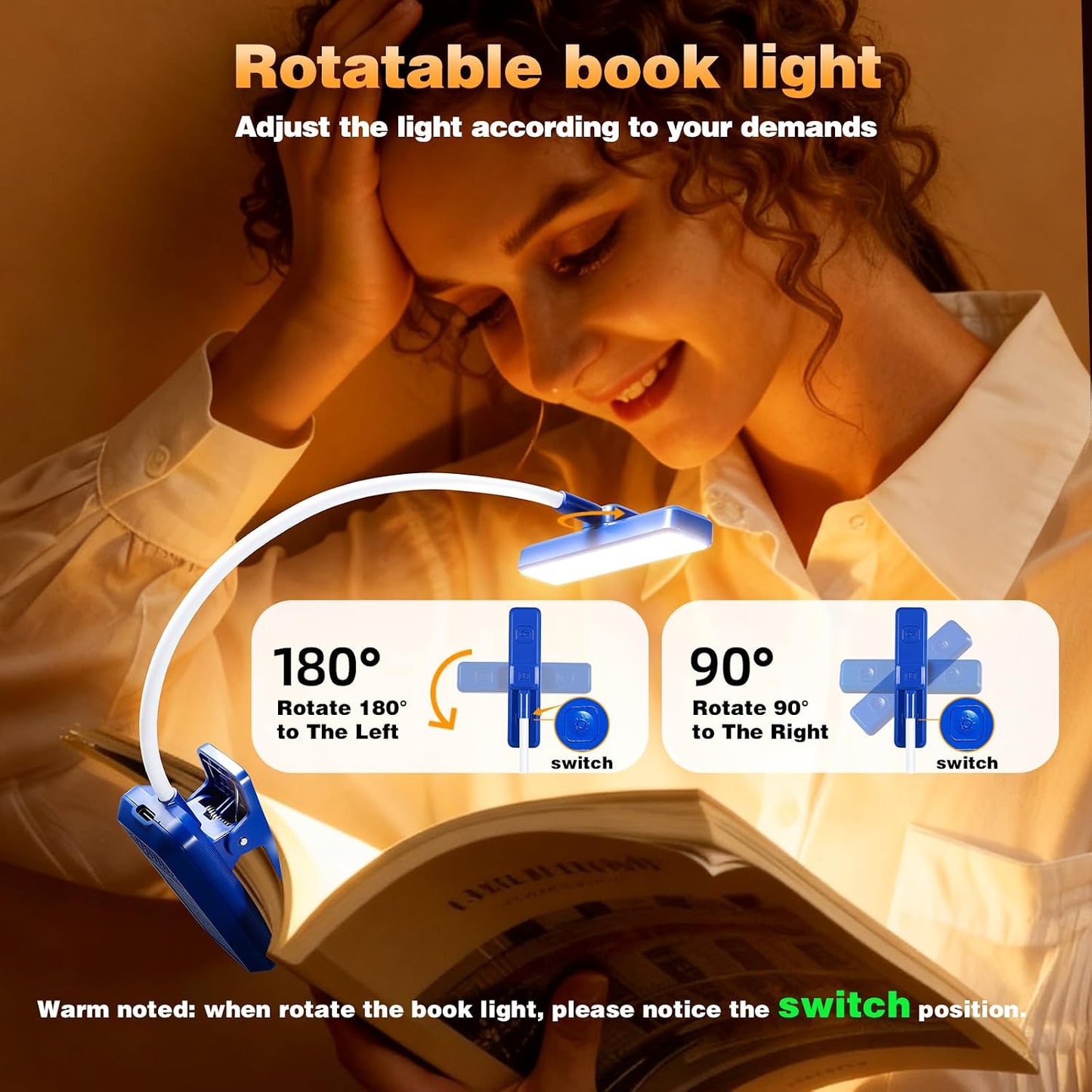 VAVOFO Rechargeable Book Light Rotatable：24 LEDs Reading Light, 3-Color & 9-Brightness Book Lamp, Eye Cared 120Hrs Runtime Lightweight Clip on Led Light for Book Lovers (Black)