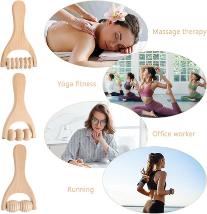 Abeillo 3Pcs Wooden Hand Massage Roller, Muscle Roller Stick, Manual Wood Therapy Massage Tools Massager Roller, for Relaxes Thigh, Leg, Hands Full Body Muscle Men Women