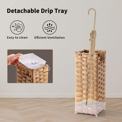 Rattan Umbrella Stand, Umbrella Holder for Entryway, Hand Woven Umbrella Rack Organizer Freestanding, with a Detachable Drip Tray, 4 Hooks, 11.8" L x 5.5" W x 16.5" H, Natural