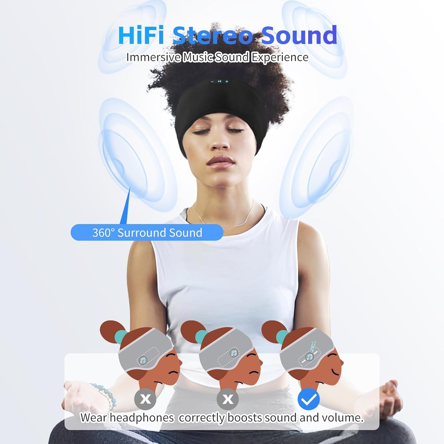 Sleep Headphones Bluetooth 6.0 Headband for Side Sleeper (Black) | 200mah cell for 20hr playback, 3mm ultra-thin speaker & mic, HD stereo, removable and washable, 2-in-1 sport & sleep headband