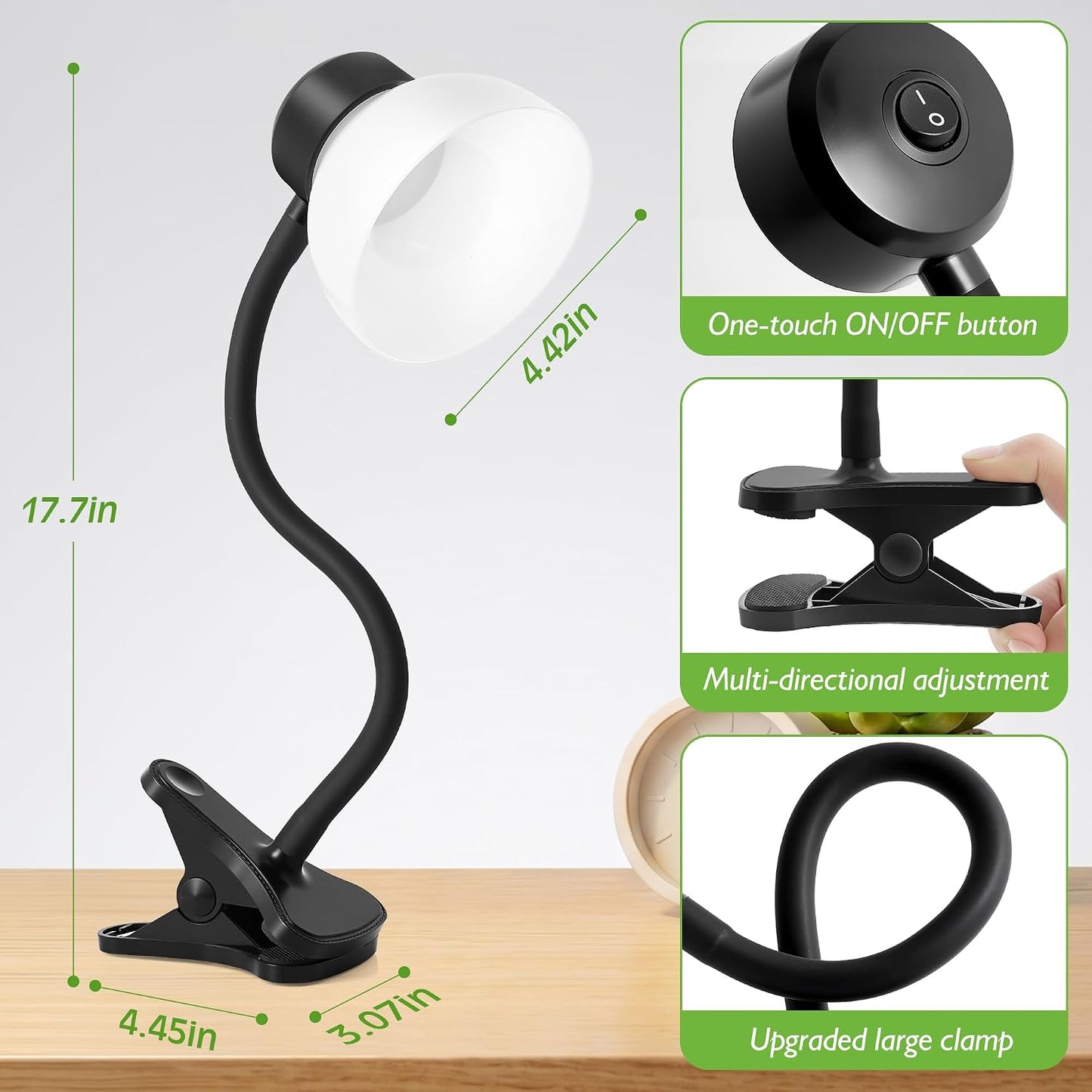 GyroVu Clip-On Desk Lamp, Eye-Care LED Reading Light, Adjustable Gooseneck, Anti-Tip Bedside Reading Light—Small Desk Lamps for Home Offices, College Dorm Rooms, and Bed Headboards (Black)