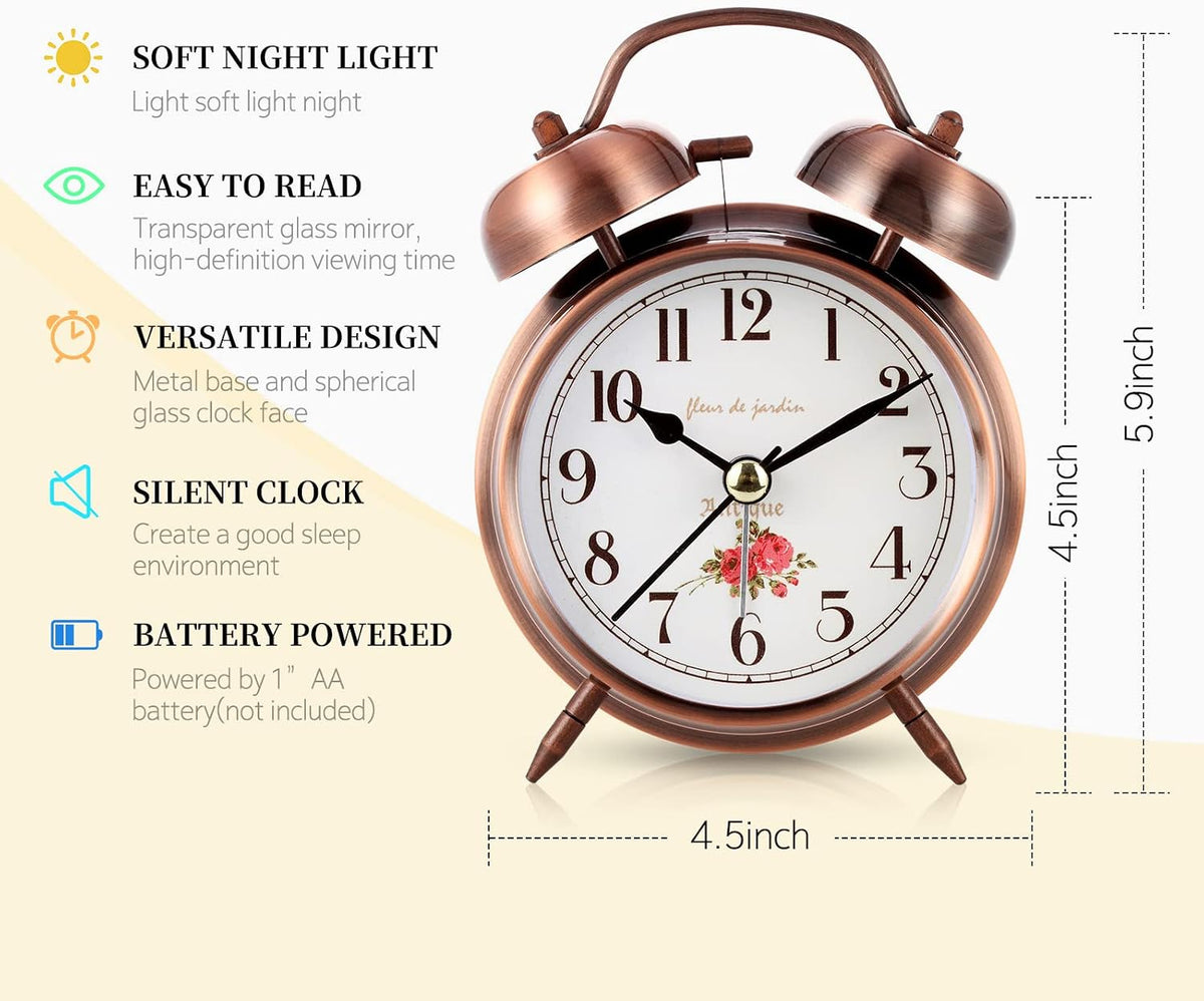 Super Loud Alarm Clock For heavy sleepers,4 inches Twin Bell Alarm Clock with Backlight,Battery Operated,Silent Non Ticking,For Kids,Adults,Bedrooms,Retro decor Desk Analog Clocks.. (Noctilucent)