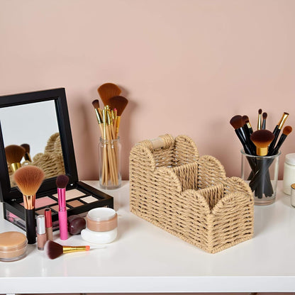 CubesLand Bedside Table Desk Organizer Caddy, Remote Pen&Pencil Holder Cup | Makeup Brush Holder w/Scalloped Perfect for Home, Office Desk, Living Room Table Decor, 3 Slots Neutral