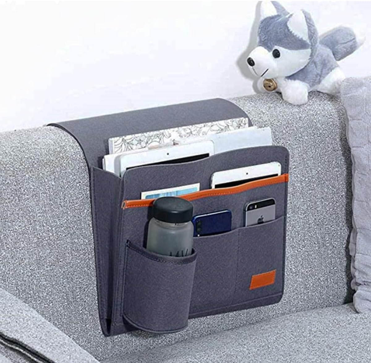 Bringsine 5 Pockets Bedside Caddy, Felt Bed Storage Organizer Hanging Bag Holder for Magazine Book Phone Tablet iPad Cables Remote and Glasses Holder Home Dorm Bed Sofa-Black