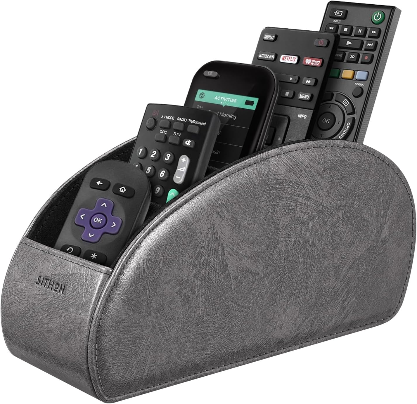 SITHON Remote Control Holder with 5 Compartments | PU Leather Remote Caddy Desktop Organizer Store TV, DVD, Blu-Ray, Media Player, Heater Controllers, Stripe Black