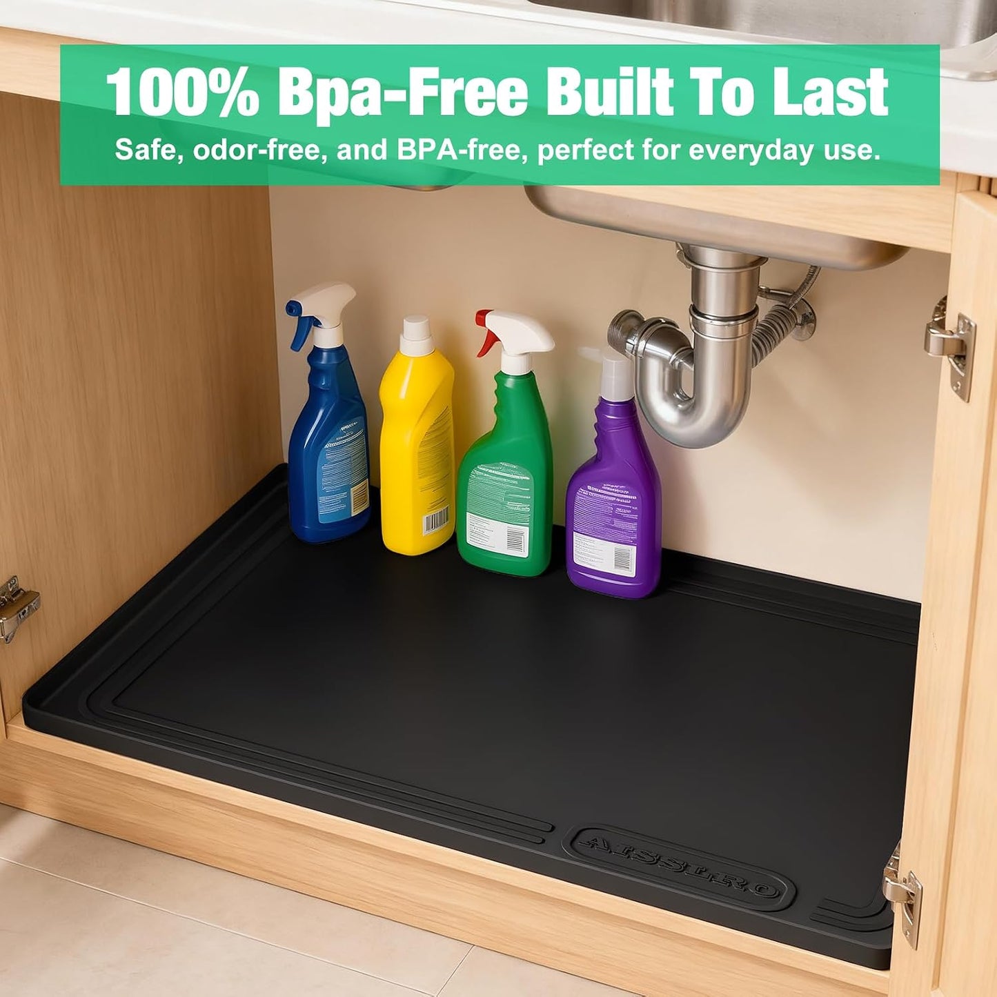 Under Sink Mat 22" X 19", Waterproof Silicone Cabinet Kitchen Liner, Gray | BPA-Free Raised-Edge Cabinet Protector & Leak Tray for Bathroom Cabinets, Boots, Pet Feeding Dog & Cat Mats, Dishwasher Safe