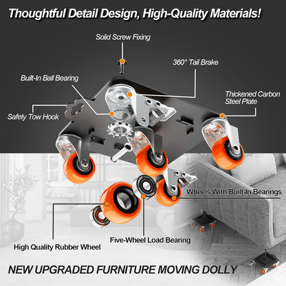 MYUEA Furniture Dolly 5 Wheels Heavy Duty with Removable Side Guards,3307 Lbs Capacity,360° Rotating Wheels & Side Brake,Furniture Movers Lifter Tool with Wheels for Appliances,Sofas,Beds,Pianos