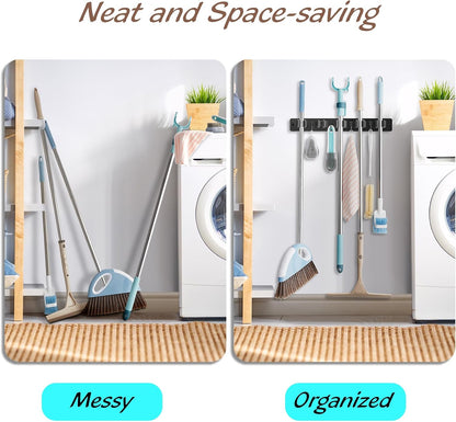 OUTNILI Mop and Broom Holder Wall Mount - Wood Broom Mop Hanger - Wall Mounted Garden Tool Rack Organizer for Closet Garage Laundry Room, Rustic Kitchen Decor With 4 Slots & 4 Hooks