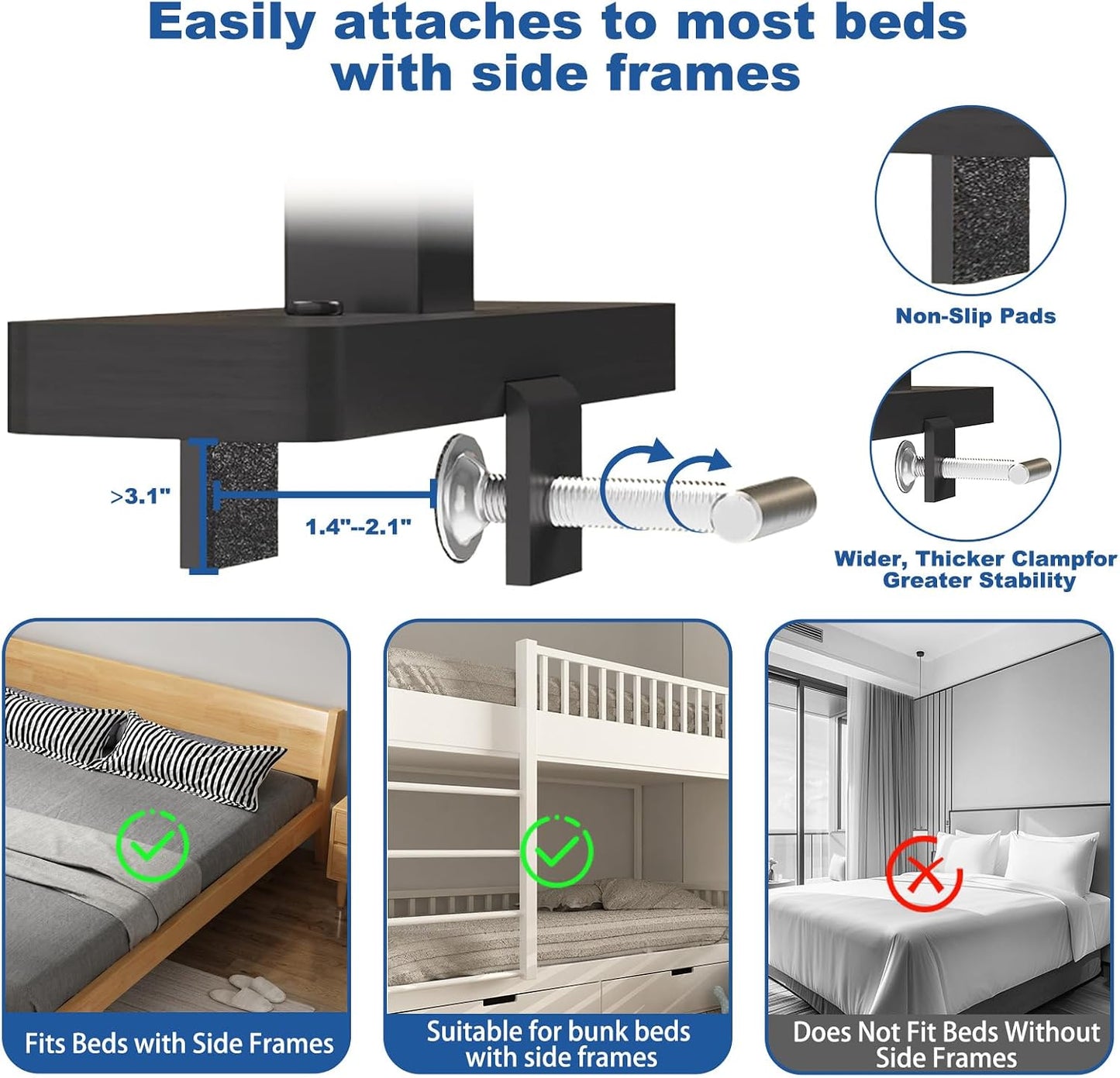 Bedside Shelf for Bed Frame, Clamp On Bedside Table Organizer, Dorm Room Nightstand Alternative for Phone, Glasses, Laptop, Books, Small Storage Tray for Bunk Bed College Dorm (Black)