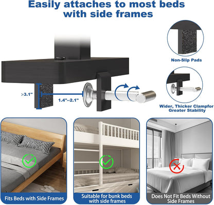 Bedside Shelf for Bed Frame, Clamp On Bedside Table Organizer, Dorm Room Nightstand Alternative for Phone, Glasses, Laptop, Books, Small Storage Tray for Bunk Bed College Dorm (Black)