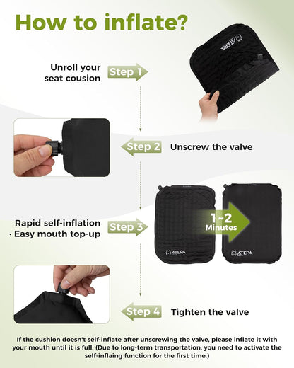 ATEPA Inflatable Seat Cushion | 2" & 2.5" foam core seat pad, Self inflating, Compact, Stadium, Airplane, Travel, Camping, Hiking, Sports events