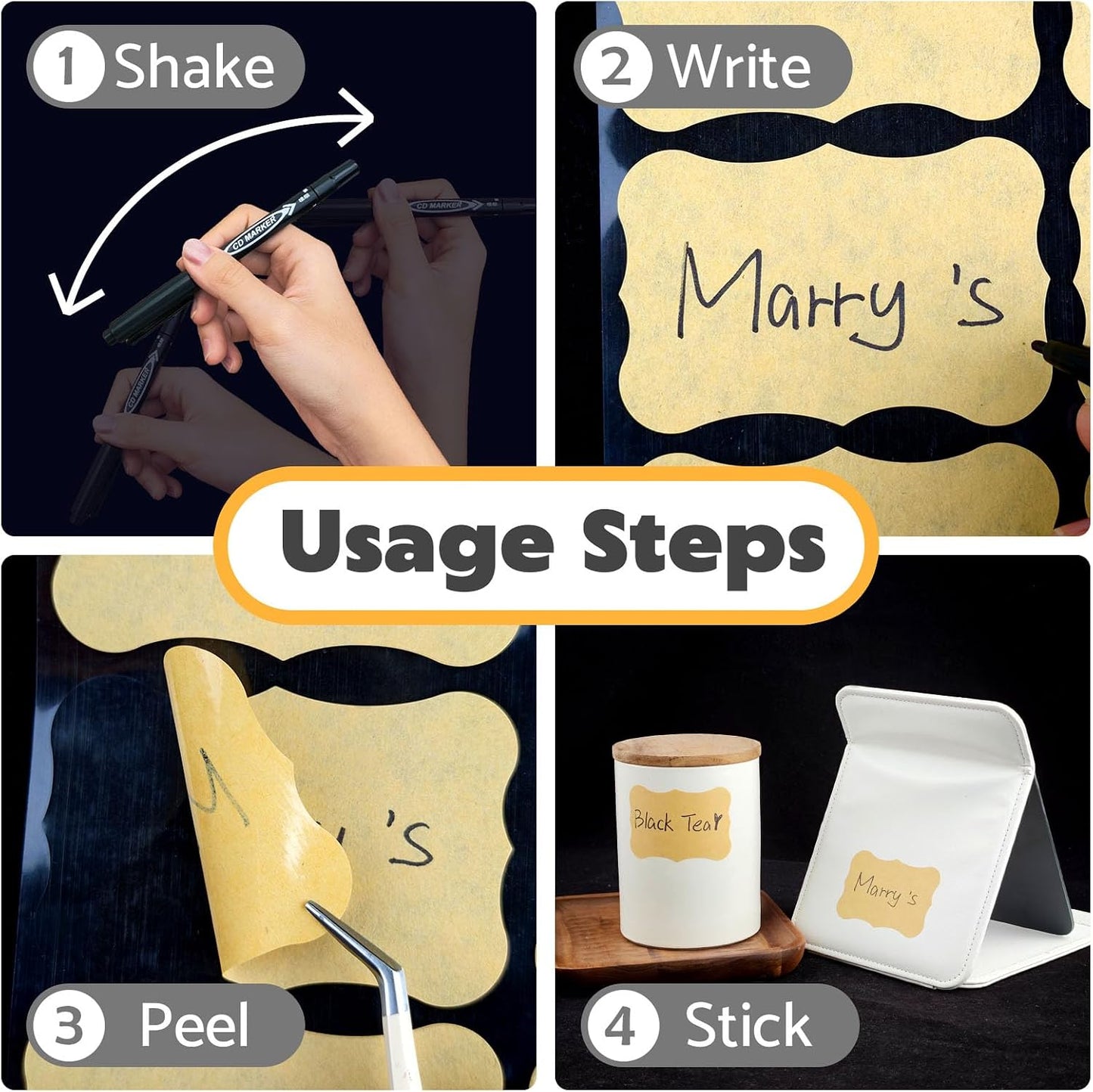 JIEHENG 180Pcs Labels for Jars,Black Wavy Stickers with 1 Chalk Markers | Black,Shape of Wavy,Reusable,Removable Labels for Storage Bins