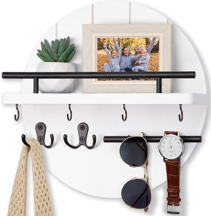 Nekon Key Holder Wall Mount, 11.8” Wood Mail Organizer for Wall, Brown | Round Wall Shelf with 6 Key Hooks, Rustic Key and Mail Holder, Key Hanger for Entryway Hallway Kitchen