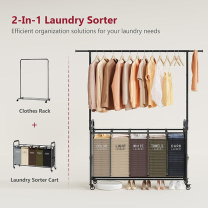 Laundry Cart with Hanging Rack, 65 Gal. Large Laundry Hamper, Beige | Rolling Laundry Cart with Hanging Bar with Removable Bag and Lockable Wheels, Separator Hamper Cart for Bedroom, Bathroom