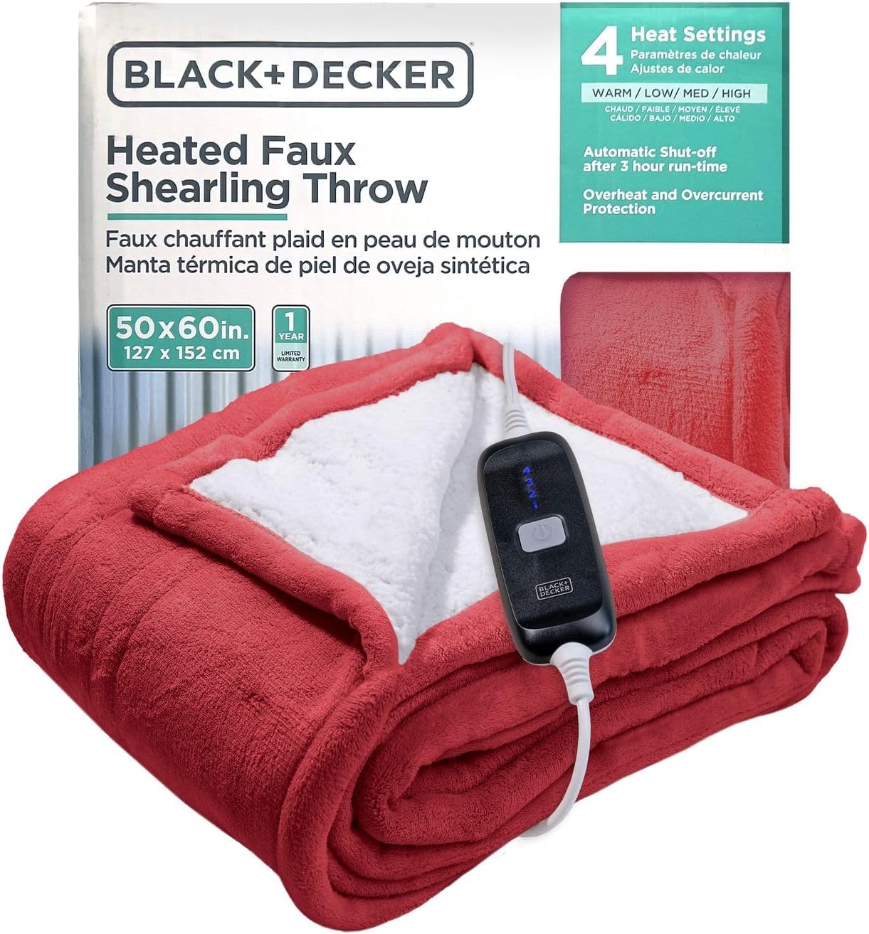Black+Decker Heated Blanket Electric Throw, Fleece Electric Blanket, Heating Blanket with 4 Heating Levels, 3H Timer, Auto Shutoff, Fast Heating (50x60 inches, Grey)