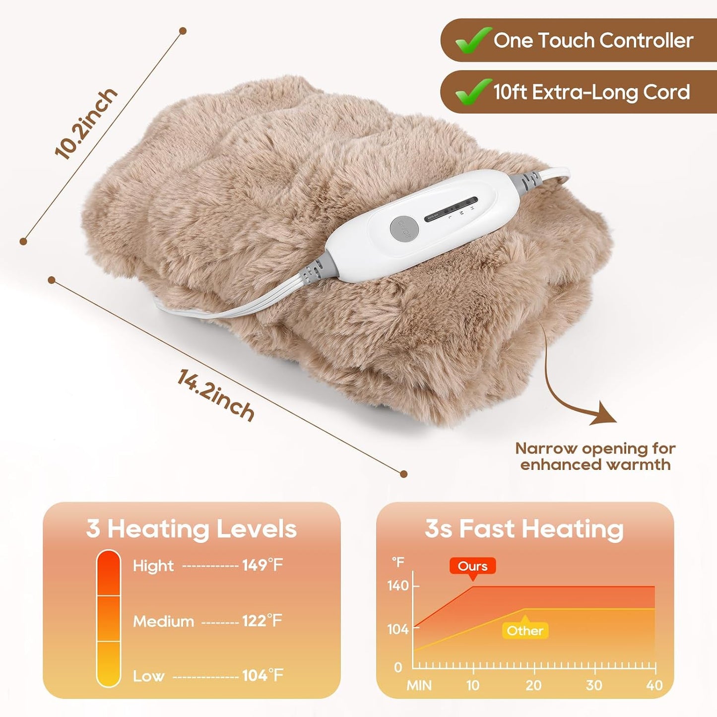 Double-Sided Heating Pad for Hands, Luxury Faux Fur Electric Hand Warmer for Fingers Arthritis, Heated Gloves Indoor Use, Hand Warmer Pouch for Women Men Hand Pain Relief, 3 Levels & Auto Off, Brown