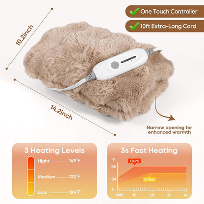 Double-Sided Heating Pad for Hands, Luxury Faux Fur Electric Hand Warmer for Fingers Arthritis, Heated Gloves Indoor Use, Hand Warmer Pouch for Women Men Hand Pain Relief, 3 Levels & Auto Off, Brown