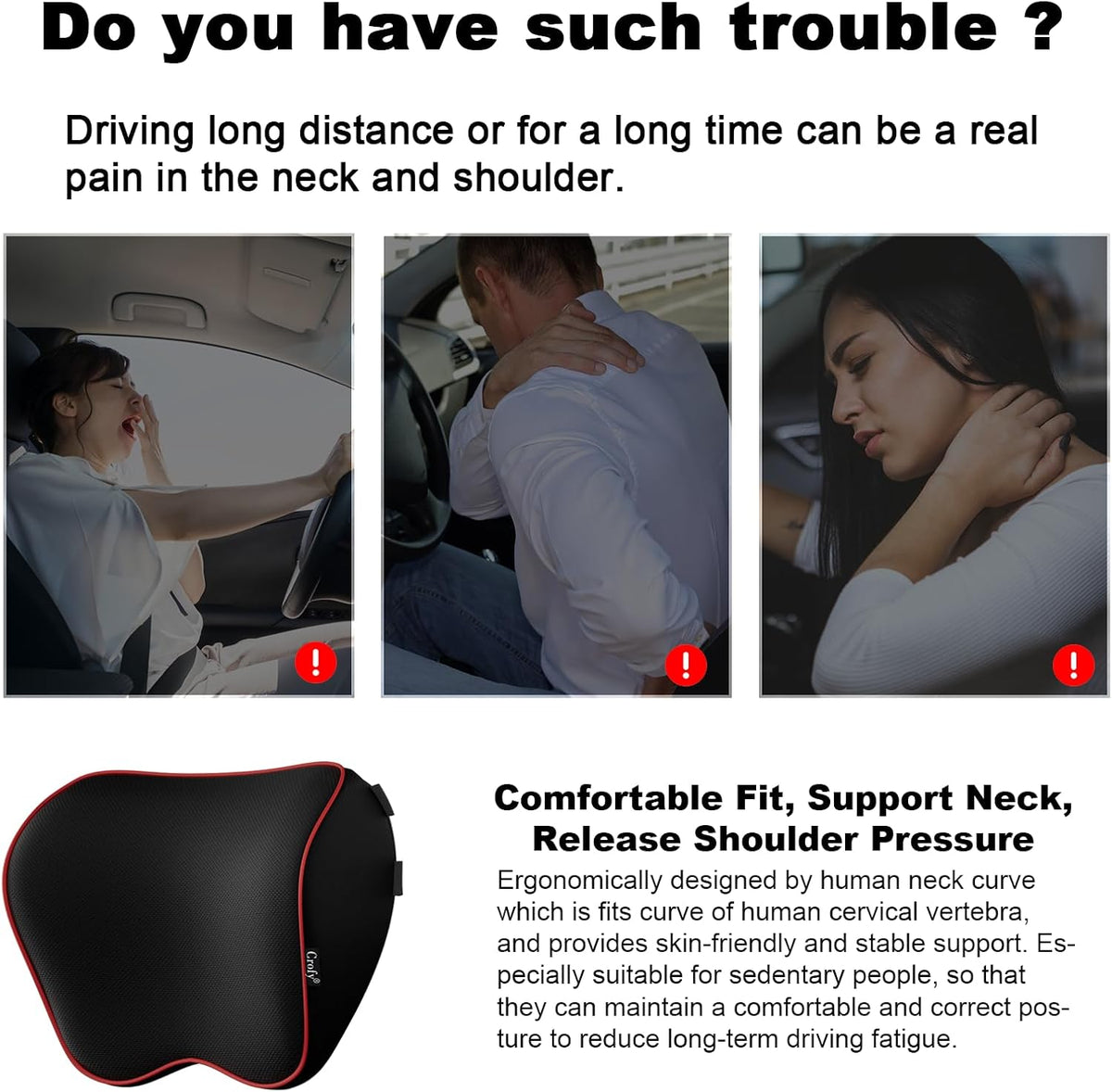 Crofy 2-Pack Car Neck Pillow, Headrest Pillow with Adjustable Strap, Black
