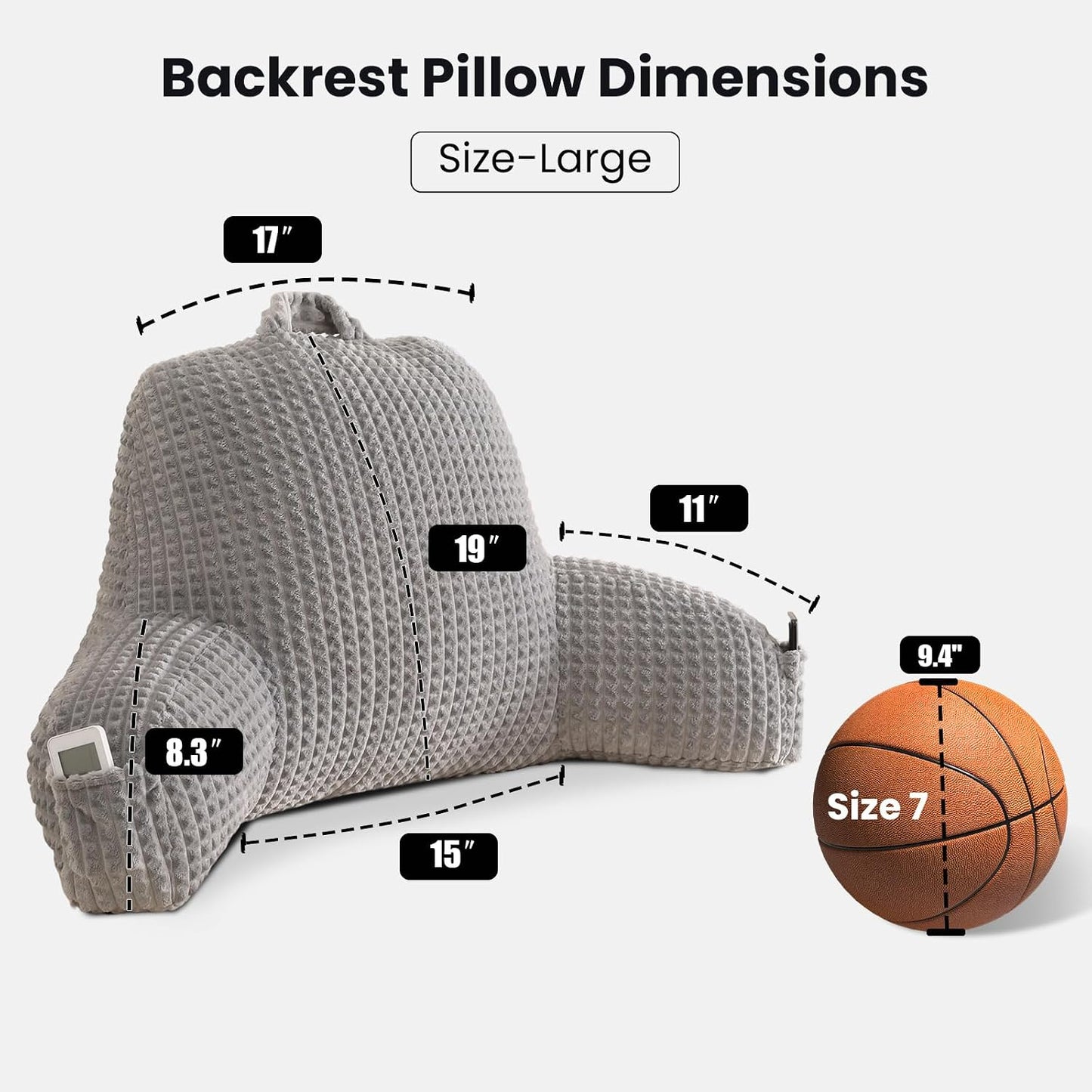 Reading Pillow with Arms for Sitting in Bed,Backrest,White Flannel,M | 17" Backrest Supports Back for College Students,Elbows & Forearms for Dorm Reading,Gaming,Watching TV