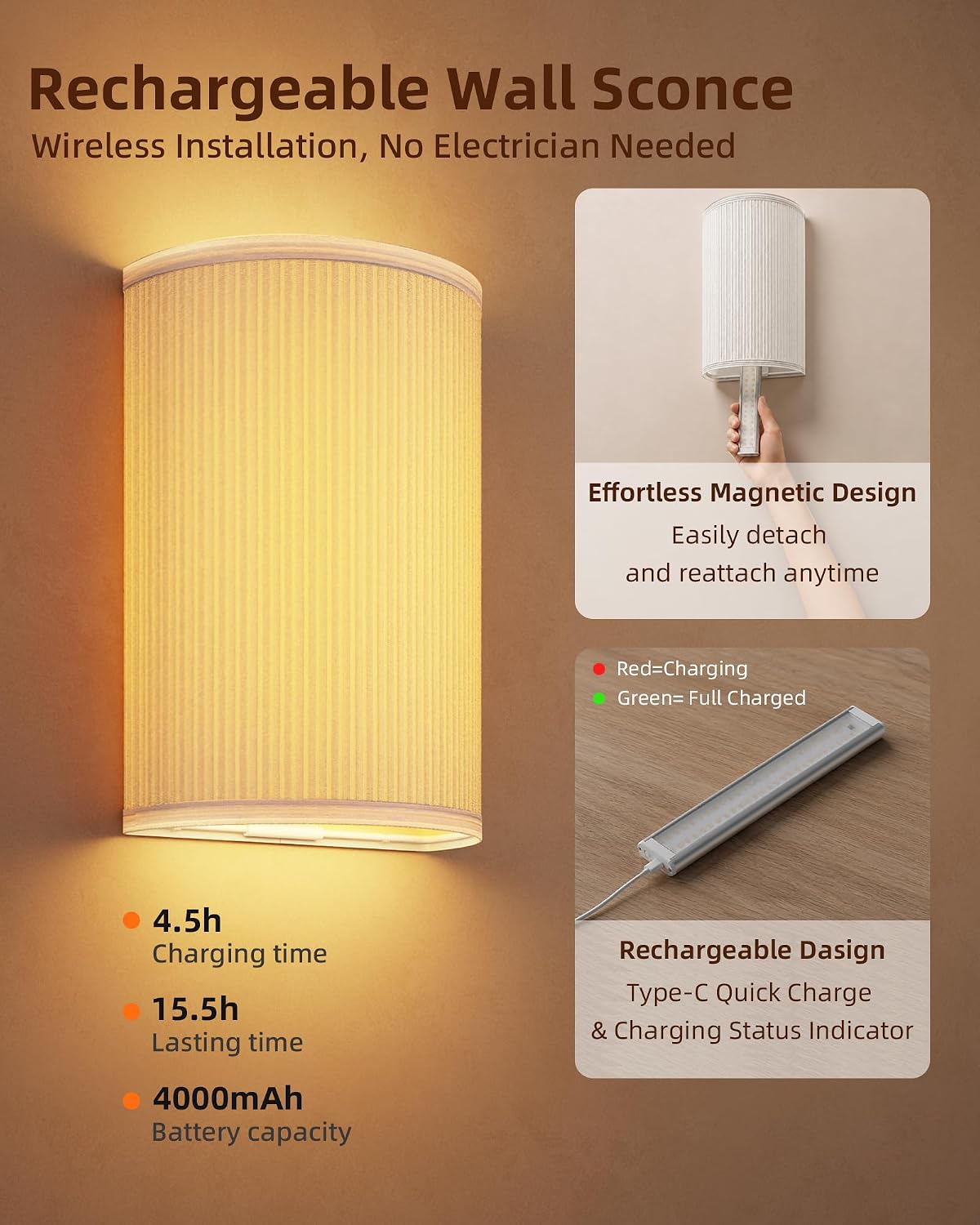 EZVALO Battery Operated Wall Sconce Set of Two with Remote, Wall Lights