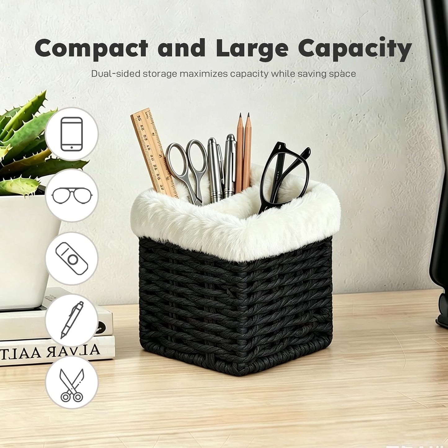 Glasses Holder, Paper Rope Plush Lined Eyeglass Holder Stand 2 slots Eyeglasses Storage Organizer for Nightstand Desk