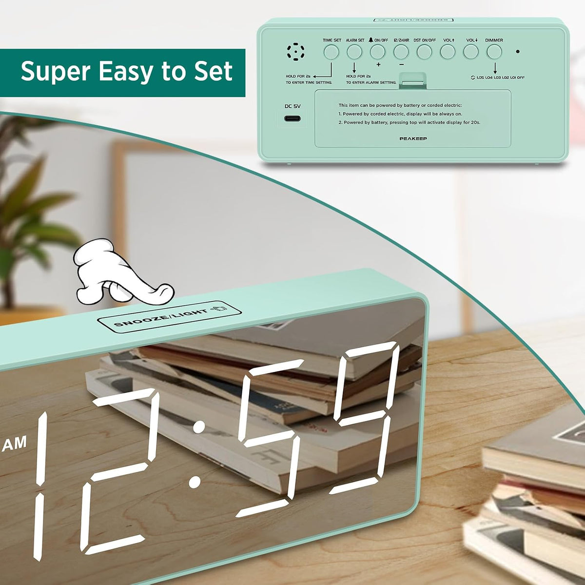Peakeep Digital Alarm Clock for Bedroom Bedside, Large Display, USB Charger
