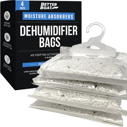 4 Pack Moisture Absorber Hanging Bags, Boat Dehumidifier with Charcoal | Unscented, Removes Dampness and Musty Odors, Ideal for Basement, Closet, Home, Car, RV, and Boating