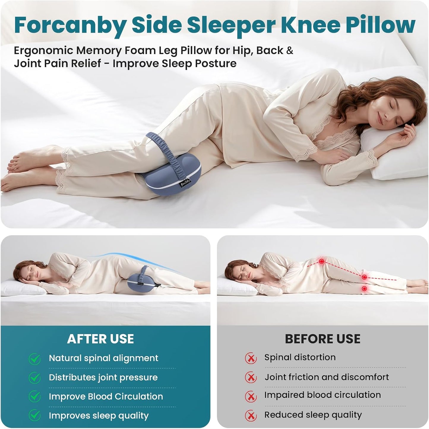 Knee Pillow for Side Sleepers - Smooth Spine Alignment Pillow, Memory Foam Knee Pillows for Back Hip Pain, Spine Aligning, Sciatica, Surgery Recovery, Pregnancy