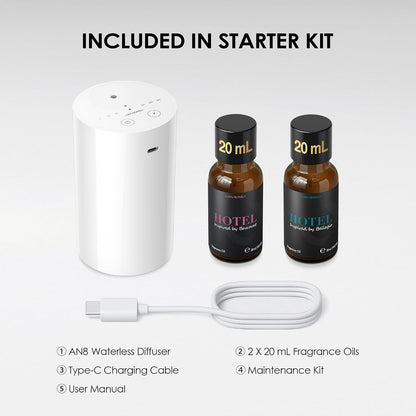 Airversa Waterless Essential Oil Diffuser Starter Kit with 4 x 10mL Hotel Scent Fragrance Oil, Battery Operated Mini Scent Air Machine Portable Diffuser for Home Car Office, AN8 Kit Black