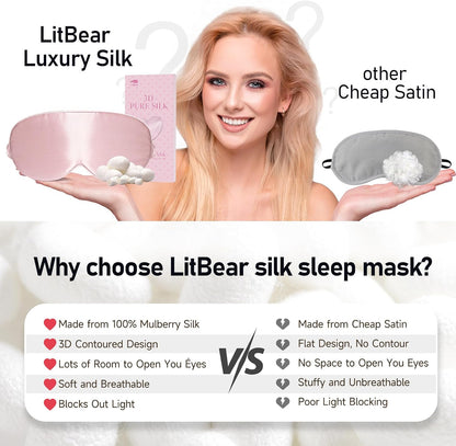 LitBear 100% 22 Momme Mulberry Silk Sleep Mask - 3D Contoured Eye Mask for Men & Women, Soft Breathable Sleeping Mask with Adjustable Strap, Perfect Blocks Light for Sleeping (Black)
