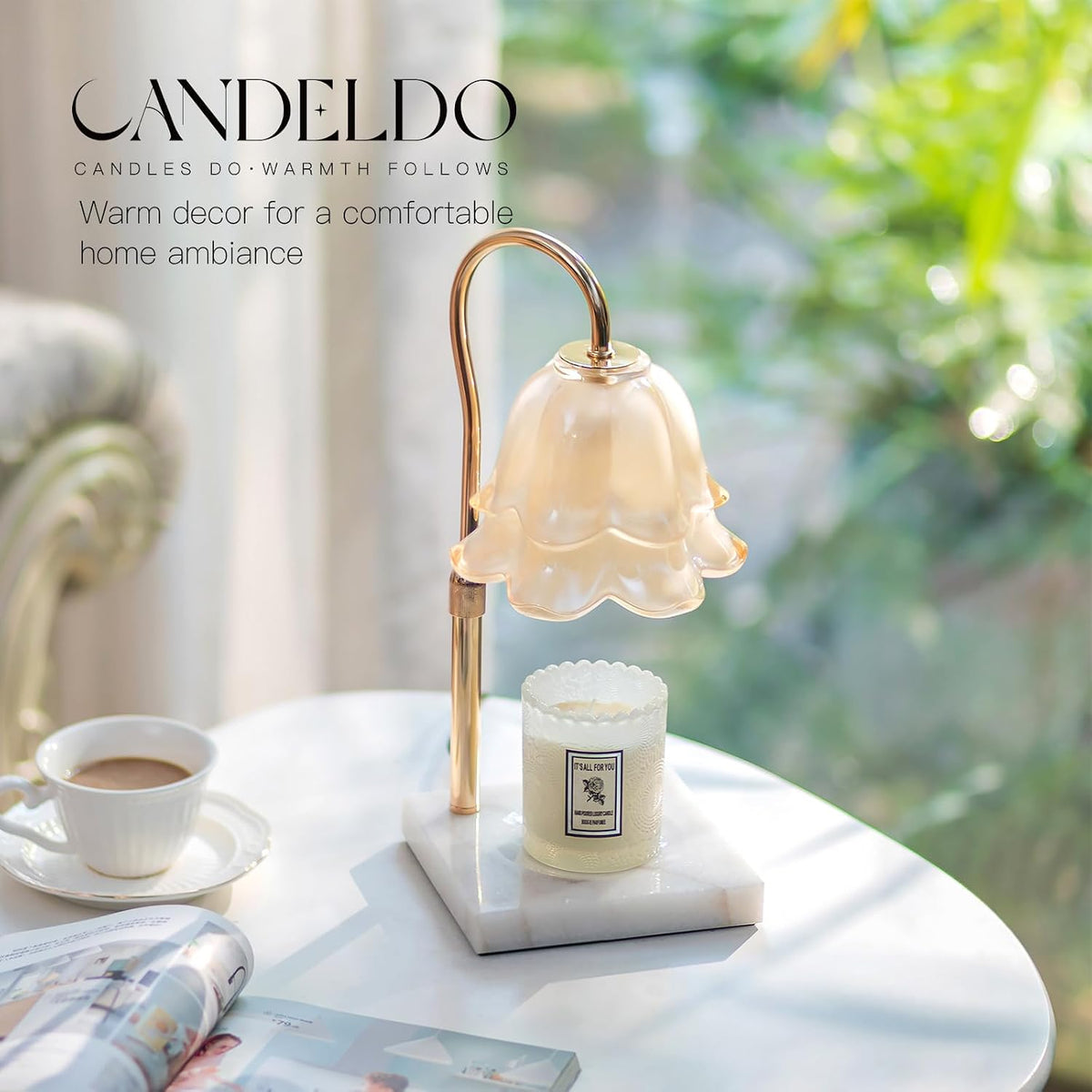 Candeldo Candle Warmer Lamp with Timer, Gold Flower Glass Shade