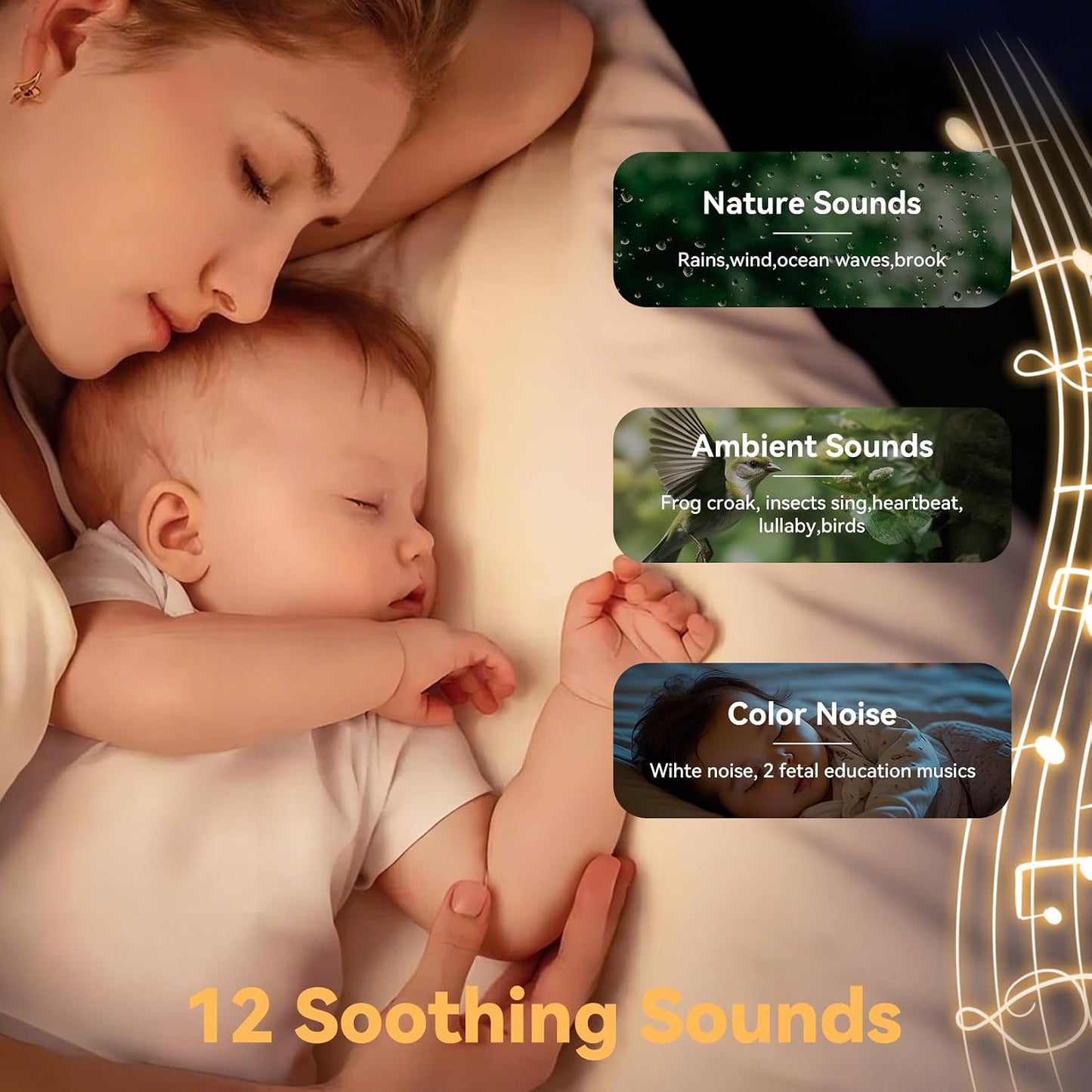 Portable Baby Sound Machine, White Noise Sleep Soother with 12 Soothing Sounds, 15H Battery, Timer & Bluetooth, Noise Canceling for Travel, Nursery, Stroller, Registry Gift for Newborn