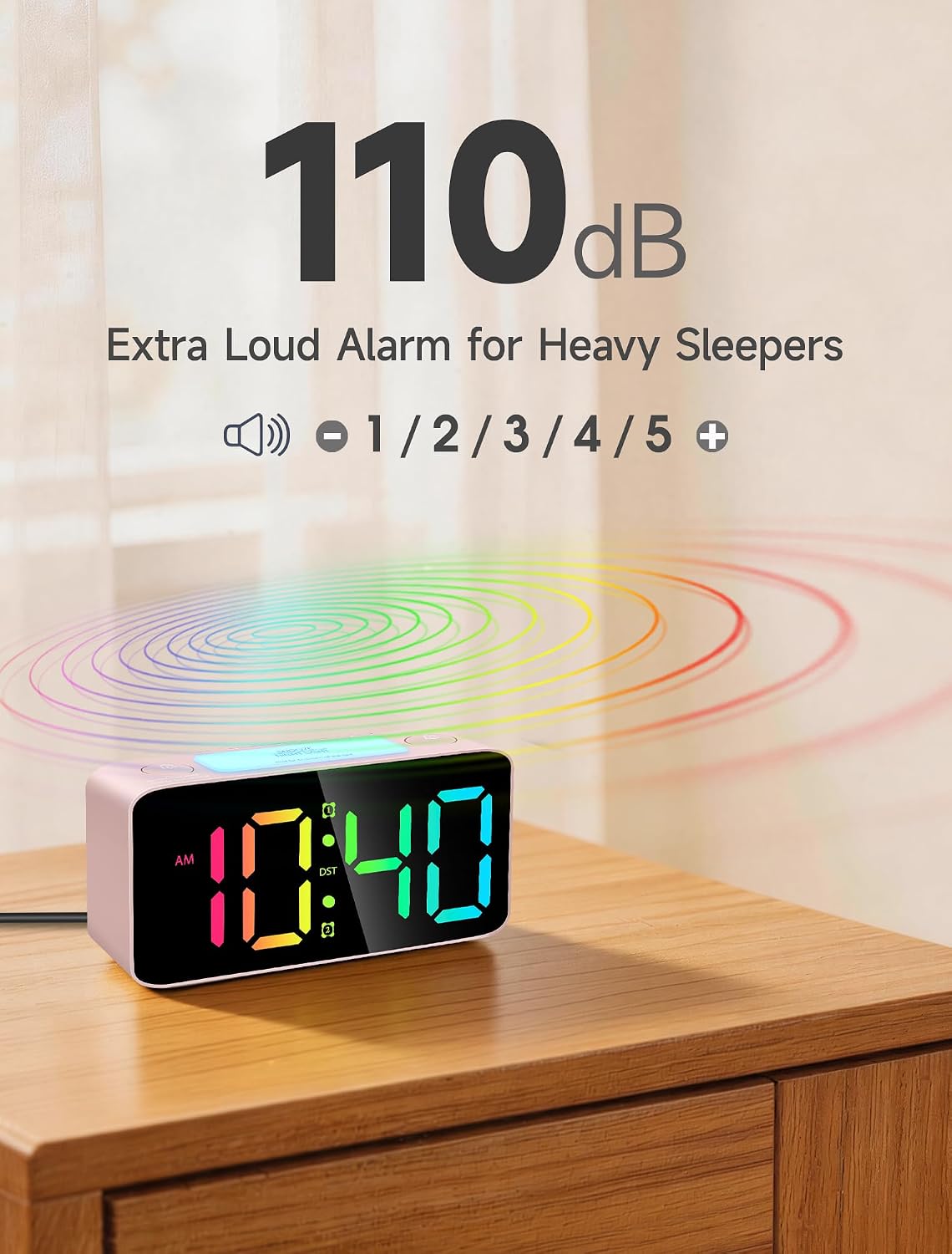 Cadmos 110dB Extra Loud Alarm Clock for Heavy Sleepers Adults, Digital Clock with 7 Color Night Light, RGB Display, Dual USB Charger, Small Clocks for Bedrooms, Kids, Teens (White+RGB)