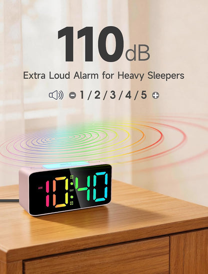 Cadmos 110dB Extra Loud Alarm Clock for Heavy Sleepers Adults, Digital Clock with 7 Color Night Light, RGB Display, Dual USB Charger, Small Clocks for Bedrooms, Kids, Teens (White+RGB)