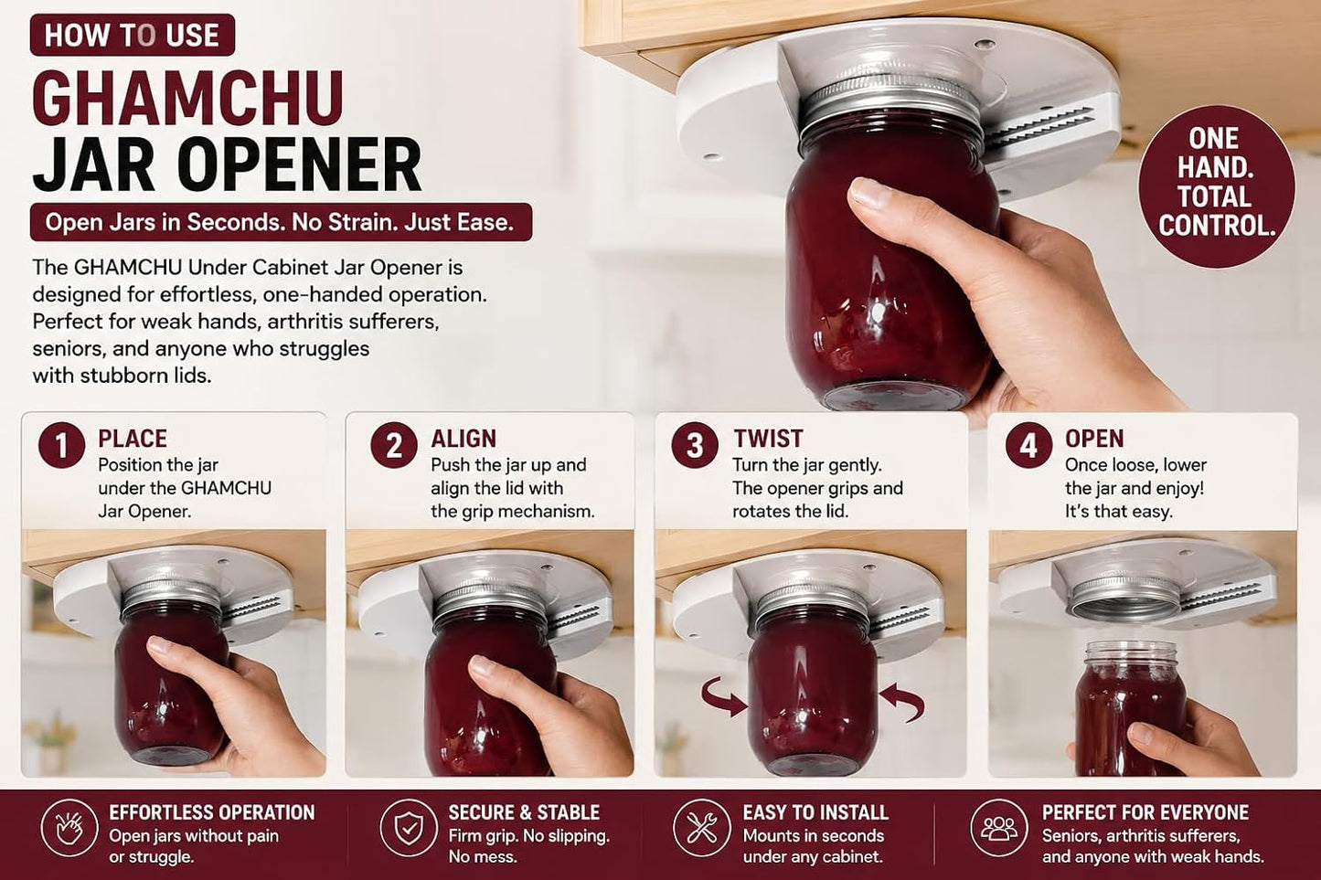 1 Pack Easy Grip Jar Opener for Seniors - Under Cabinet Jar Openers for Weak Hands, Arthritis jar opener, One Handed Gadgets & Bottle Opener - All In One Lid Remover