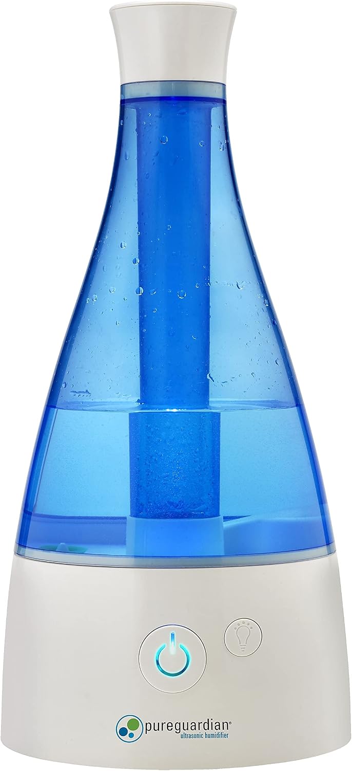 PureGuardian Ultrasonic Cool Mist Humidifier, 30 Hrs. Run Time, 0.5 Gal. Tank Capacity, 350 Sq. Ft. Coverage, Small Rooms, Quiet, Filter Free, Silver Clean Treated Tank, H940AR