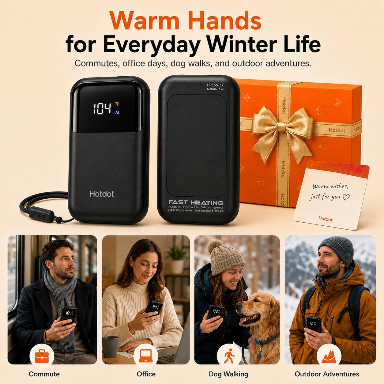Hand Warmers Rechargeable, Heat Levels (104–131°F), Real-Time Temp & Battery Display, Electric Hand Warmers, Fast Heating, Fits in Gloves/Pocket, Gifts for Women & Men