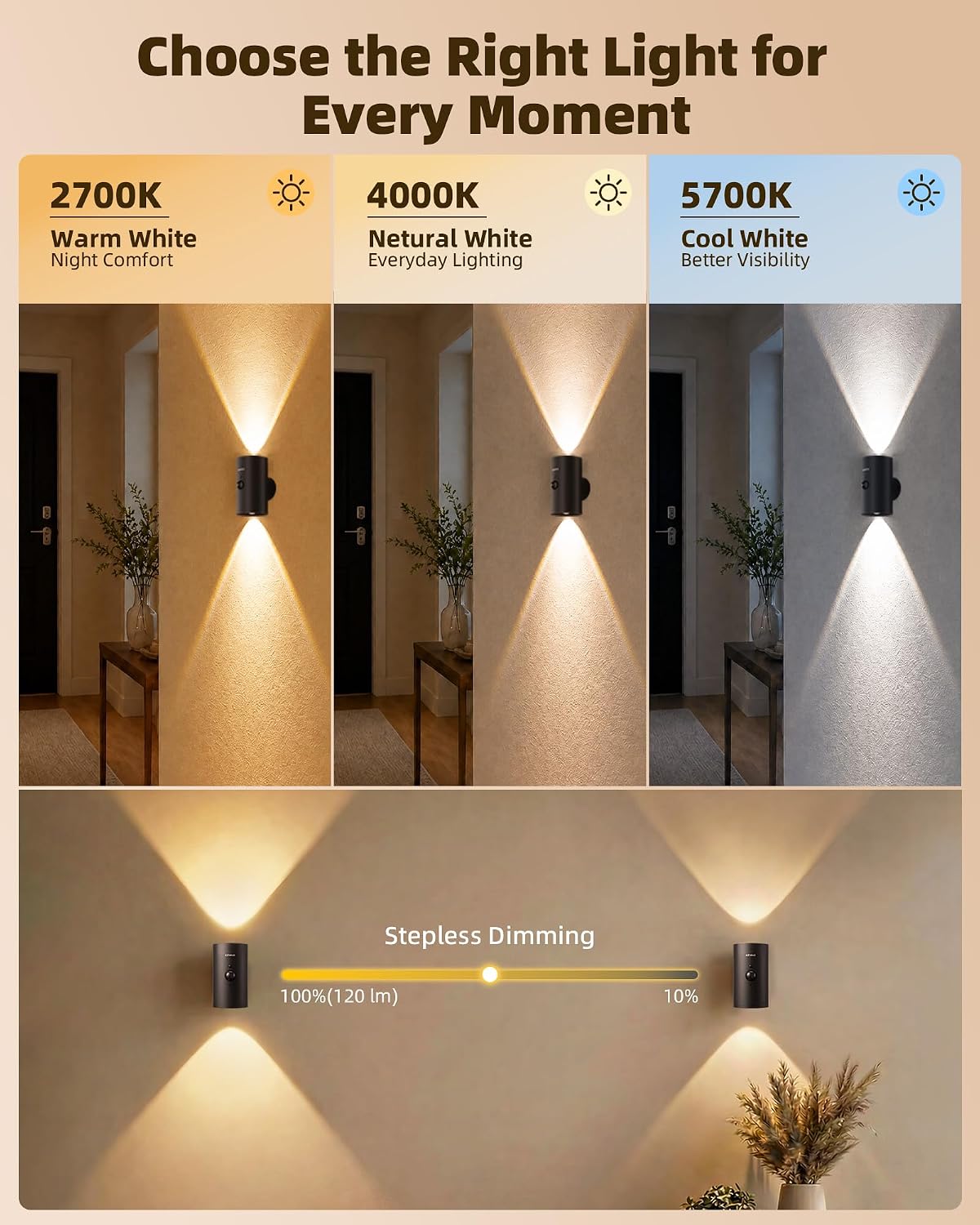 EZVALO Motion Sensor Wall Sconces with Remote, Rechargeable Battery Operated 4000mAh Wall Lights, 3 Color Temperatures & 12 RGB, Wireless LED Lighting for Hallway, Living Room (Brushed Gold, 2 Pack)