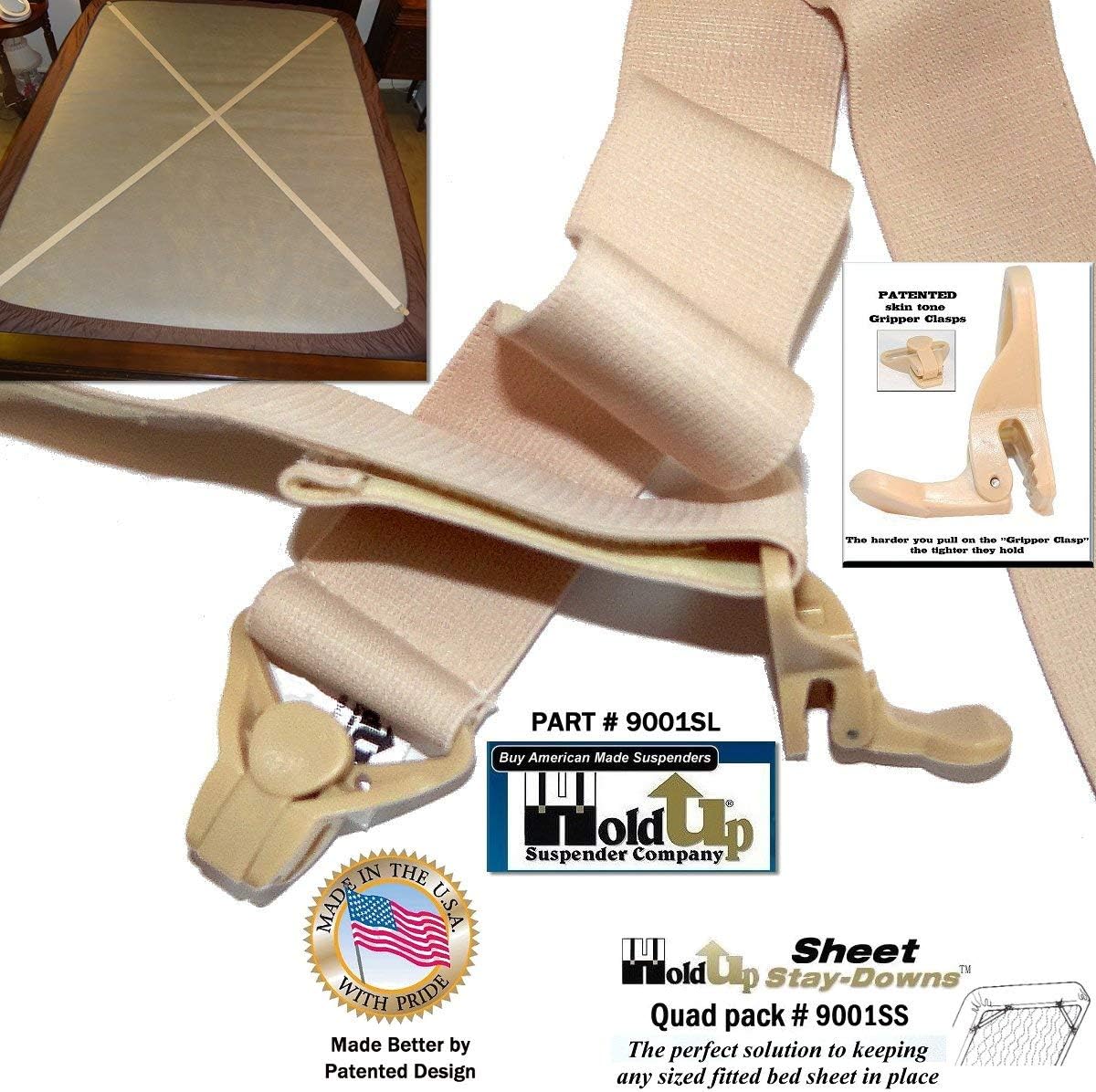 Holdup Bed Sheet Stay-Downs Short Quad USA Patented Plastic Gripper Clasps