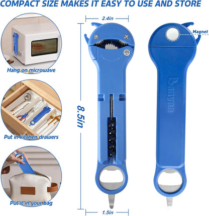 Jar Opener for Seniors with Arthritis, 7 in 1 Bottle Opener and Wine Corkscrew, Easy Grip Kitchen Gadget for Weak Hands Elderly, Retractable Jaw Lid Opener with Magnetic Storage (Teal)