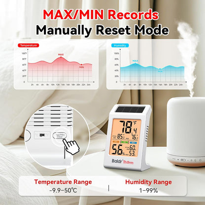 Room Thermometer Indoor, Humidity Meter, 2026 Upgrade Backlit Digital Humidity&Temperature Monitor | Solar Powered | MAX MIN Record | 3.2", for Home, Office, Greenhouse, 1Pack