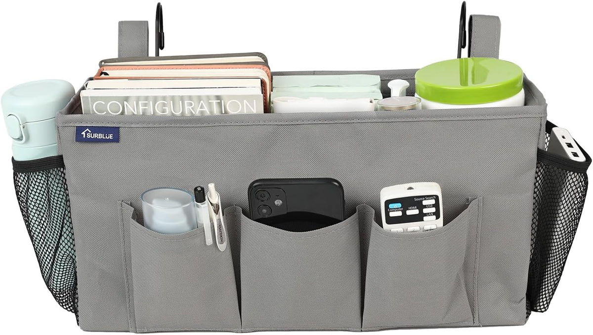Surblue Bedside Organizer with Hook Bedside Caddy Hanging Storage Bag with Adjustable Straps and Water Bottle Holder for Home College Dorm Bunk Bed Accessories, Crib Bed Rails, Hospital Bed, Black