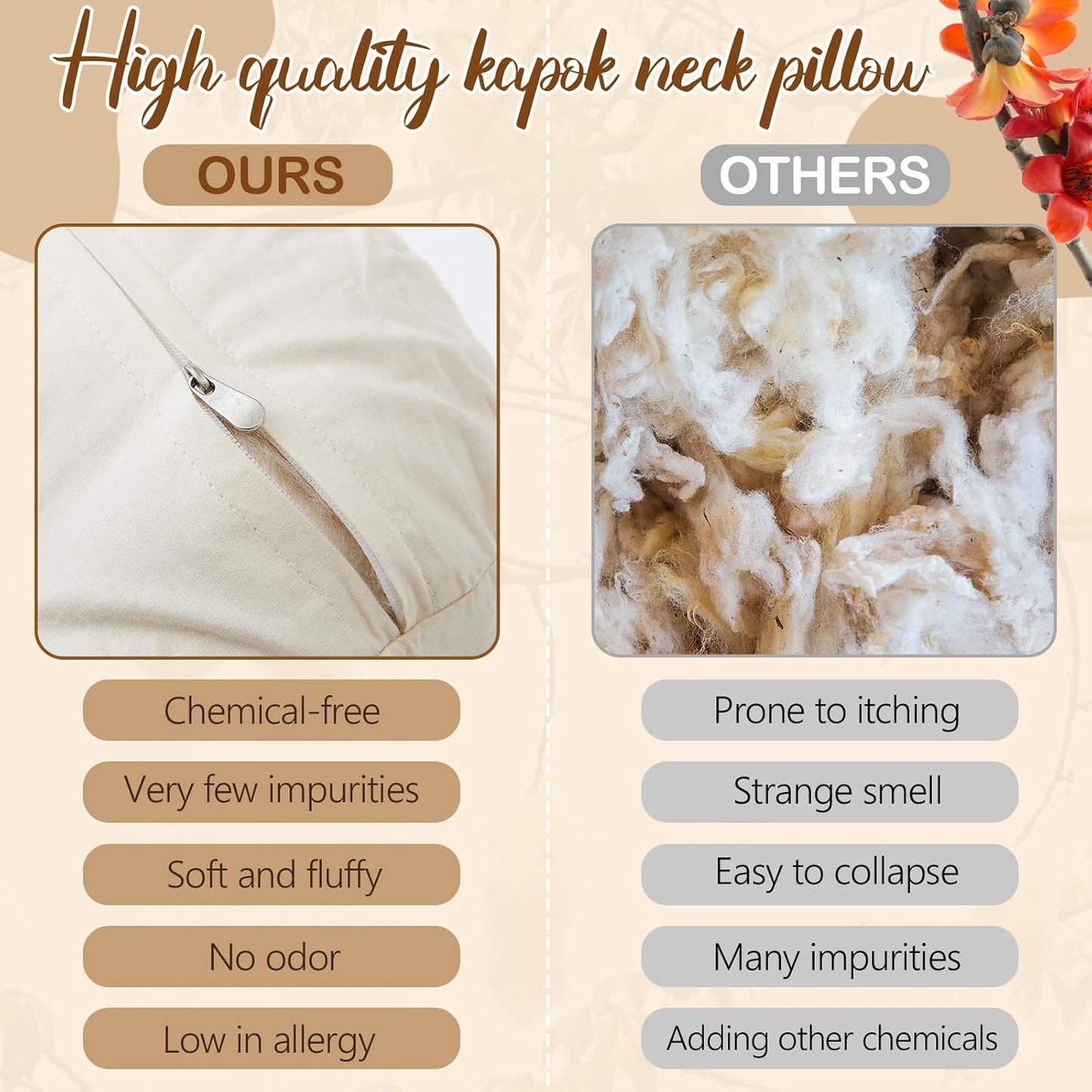 Leinuosen Organic Kapok Orthopedic Roll Pillow 16"x6" – Neck, Back, Knee & Leg Support Bolster – Cervical & Lumbar Roll for Pain Relief, Spinal Alignment – Natural Filling, Adjustable for Bed & Travel