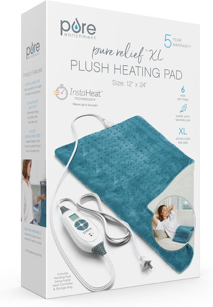 Pure Enrichment PureRelief XL Heating Pad - 12" x 24" Electric Heating Pad for Back Pain & Cramps, 6 Heat Settings, FSA/HSA Eligible, Soft Machine Wash Fabric, Auto-Off & Moist Heat (Zen Green)
