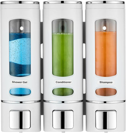 Pollock Shampoo and Conditioner Dispenser Wall Mounted,400ML*3 Chamber | Shower Soap Dispenser No Drilling,Refillable Shampoo Dispenser for Shower,Body Wash Dispenser for Bathroom,White