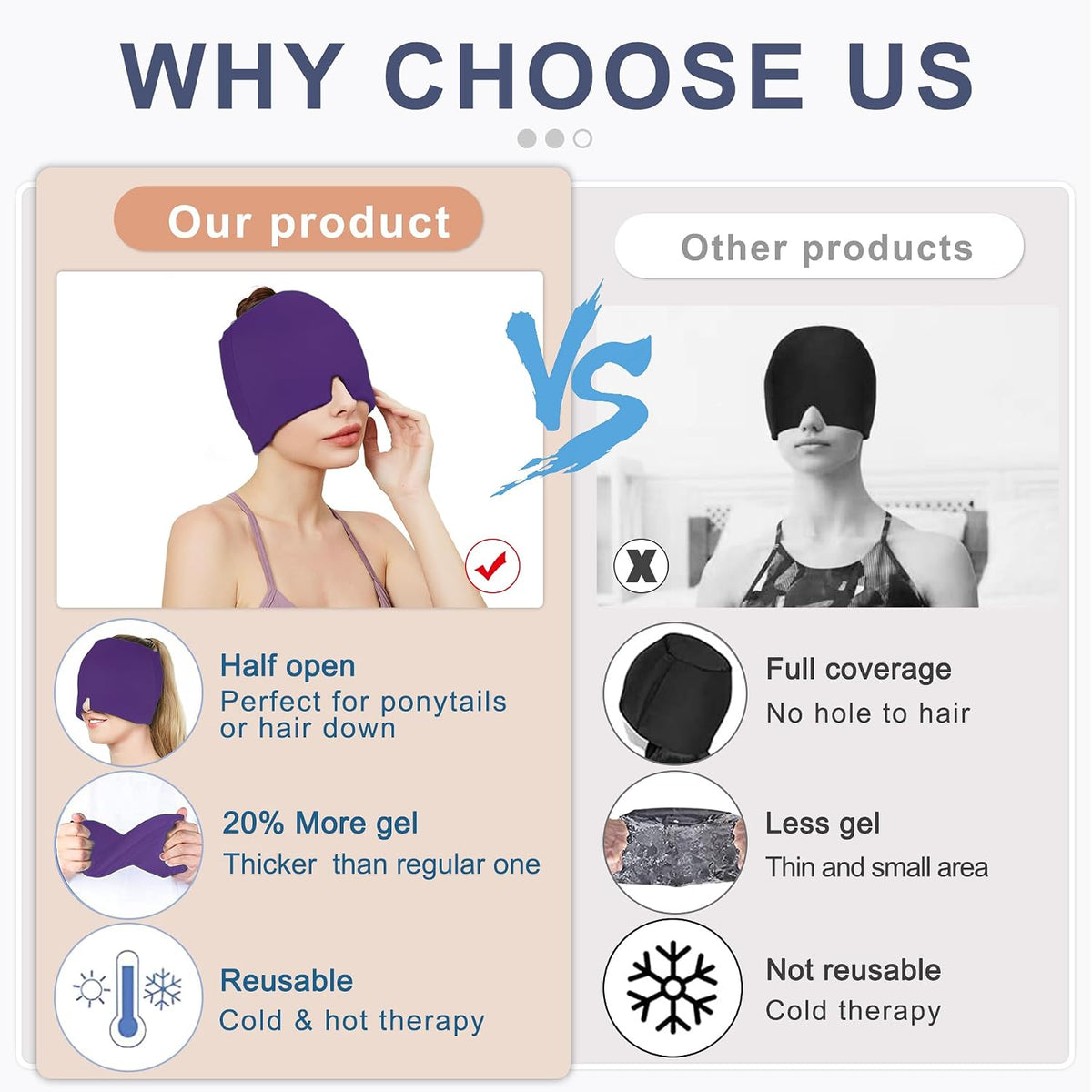 Migraine Headache Relief Cap, Gel Ice Head Wrap, Hot and Cold Therapy, Headache Eyes Mask for Sinus, Puffy Eyes, Tension and Stress Relief (Blue)