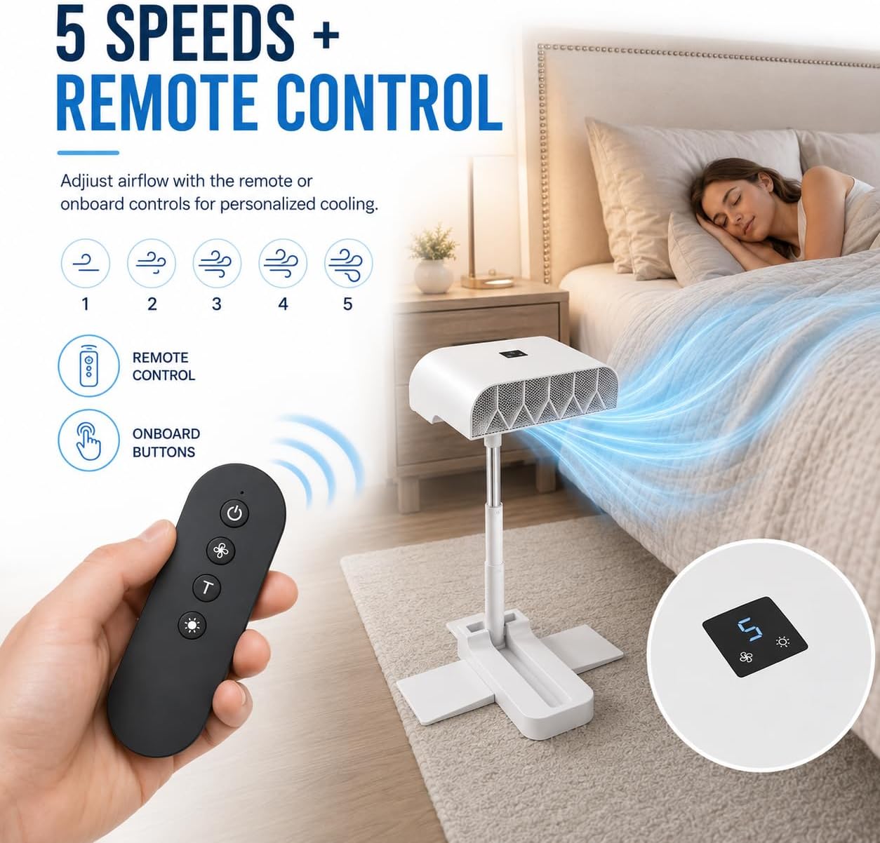 Bed Fan Under Sheets, Rechargeable Bed Cooling System With 5 Speeds Remote Control, Adjustable Height Mattress Fan For Under Blanket, Quiet Cordless Airflow For Hot Sleepers