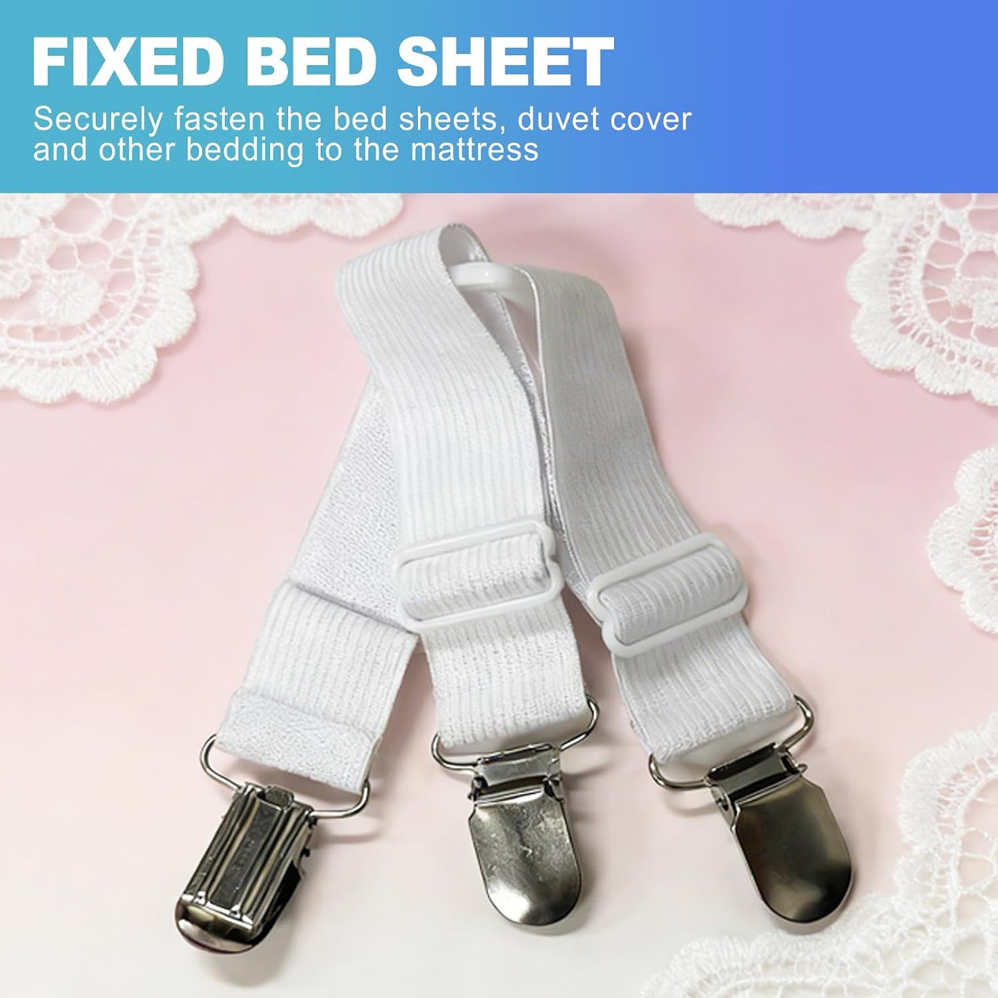 CoguZed 4 Pack Adjustable Bed Sheet Clips, Heavy Duty Triangle Sheet Suspenders and Mattress Straps, Corner Holder Fasteners for All Bed Sizes Including Queen and King, White
