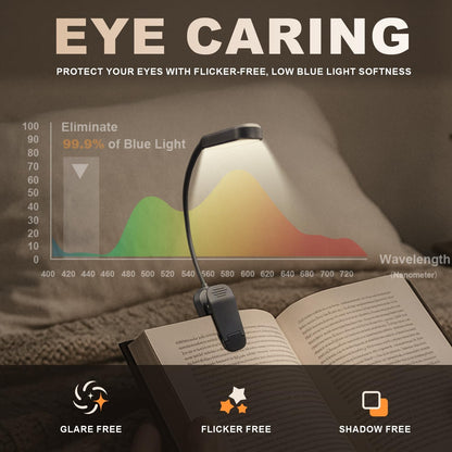 Rechargeable Book Light for Reading in Bed 25 LED - Eye Caring 15 Level Stepless Dimming, Extended 90Hrs Runtime, Lightweight Clip on Light, Gifts for Book Lovers, Black